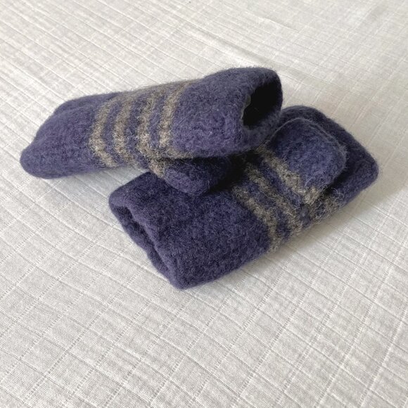Handmade 🇨🇦 Wool Felt Fingerless Mittens - Blue and Grey Stripes - Picture 3 of 7